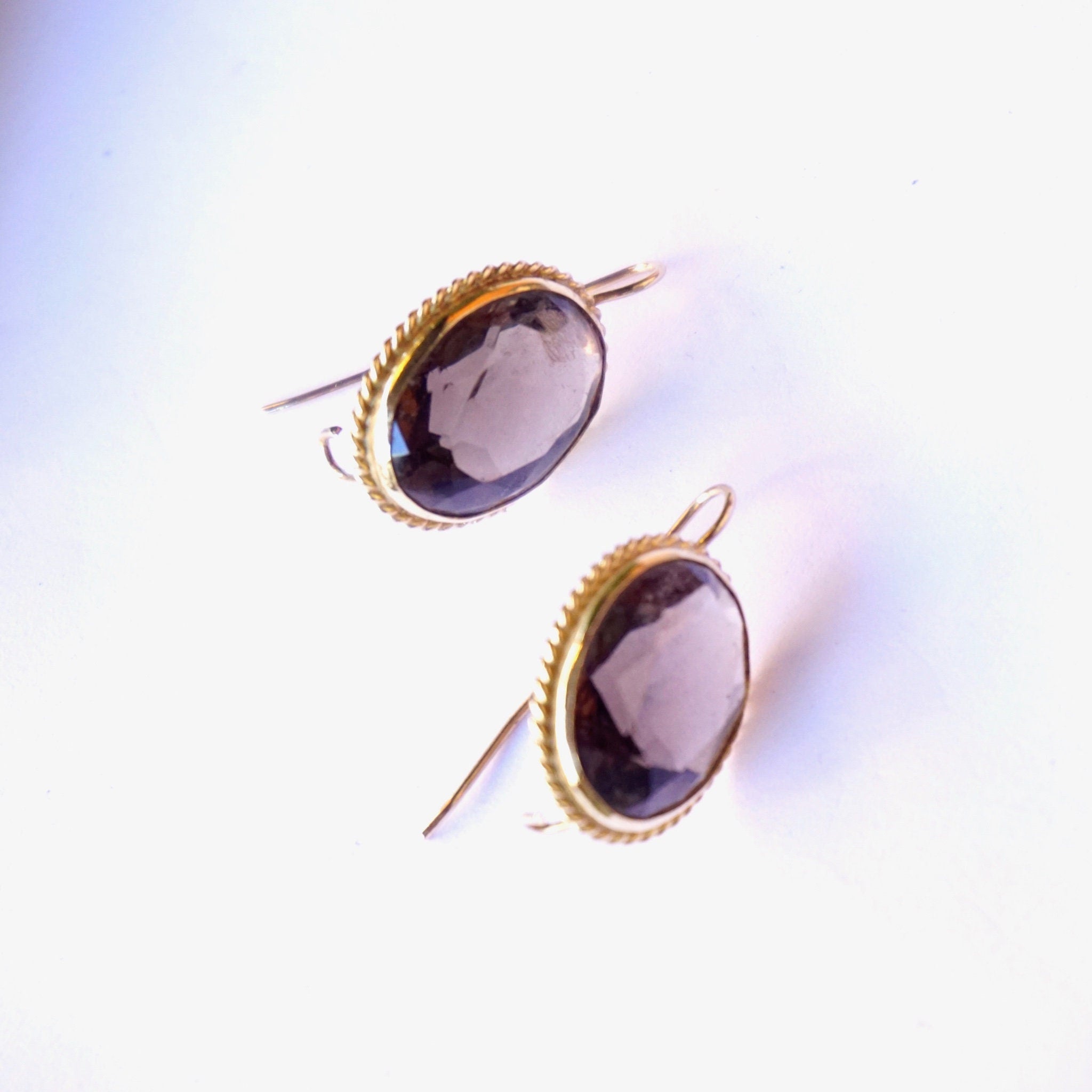 Vintage 14K Gold Smoky Quartz Drop Earrings, Antique Gold Earrings With Brown Gemstones, Delicate Smoky Quartz Earrings, 14K Gold Earrings