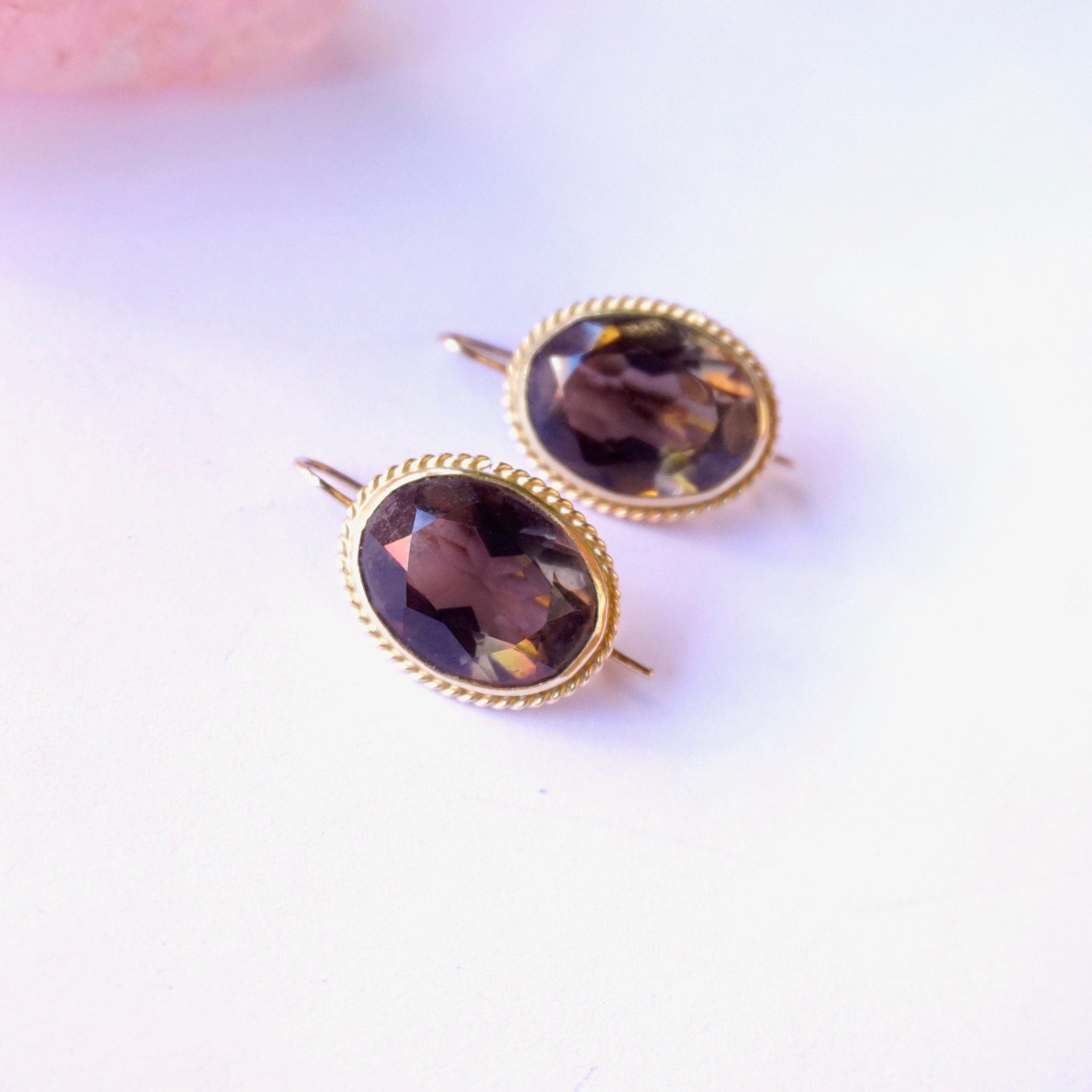 Vintage 14K Gold Smoky Quartz Drop Earrings, Antique Gold Earrings With Brown Gemstones, Delicate Smoky Quartz Earrings, 14K Gold Earrings