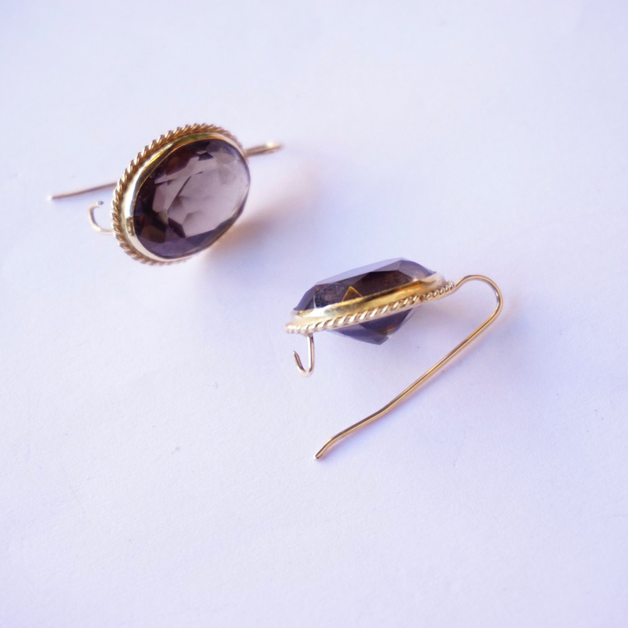 Vintage 14K Gold Smoky Quartz Drop Earrings, Antique Gold Earrings With Brown Gemstones, Delicate Smoky Quartz Earrings, 14K Gold Earrings