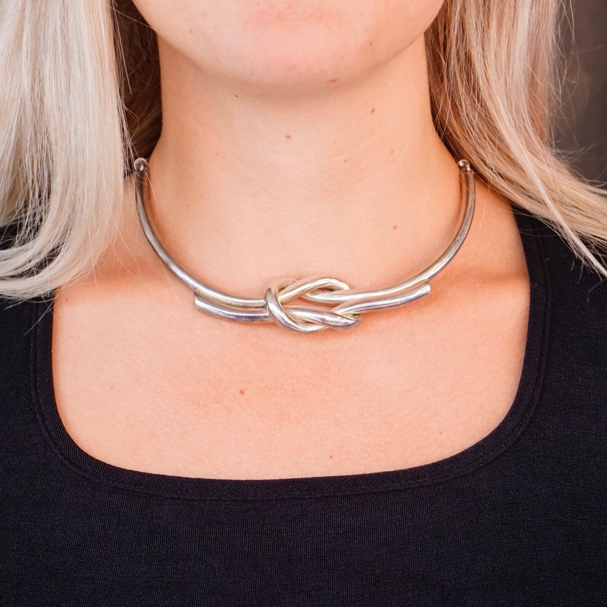 Vintage Sterling Silver Love Knot Choker Necklace, Statement Necklace With Infinity Knot, Unique Linked Choker Necklace With Knot Pendant
