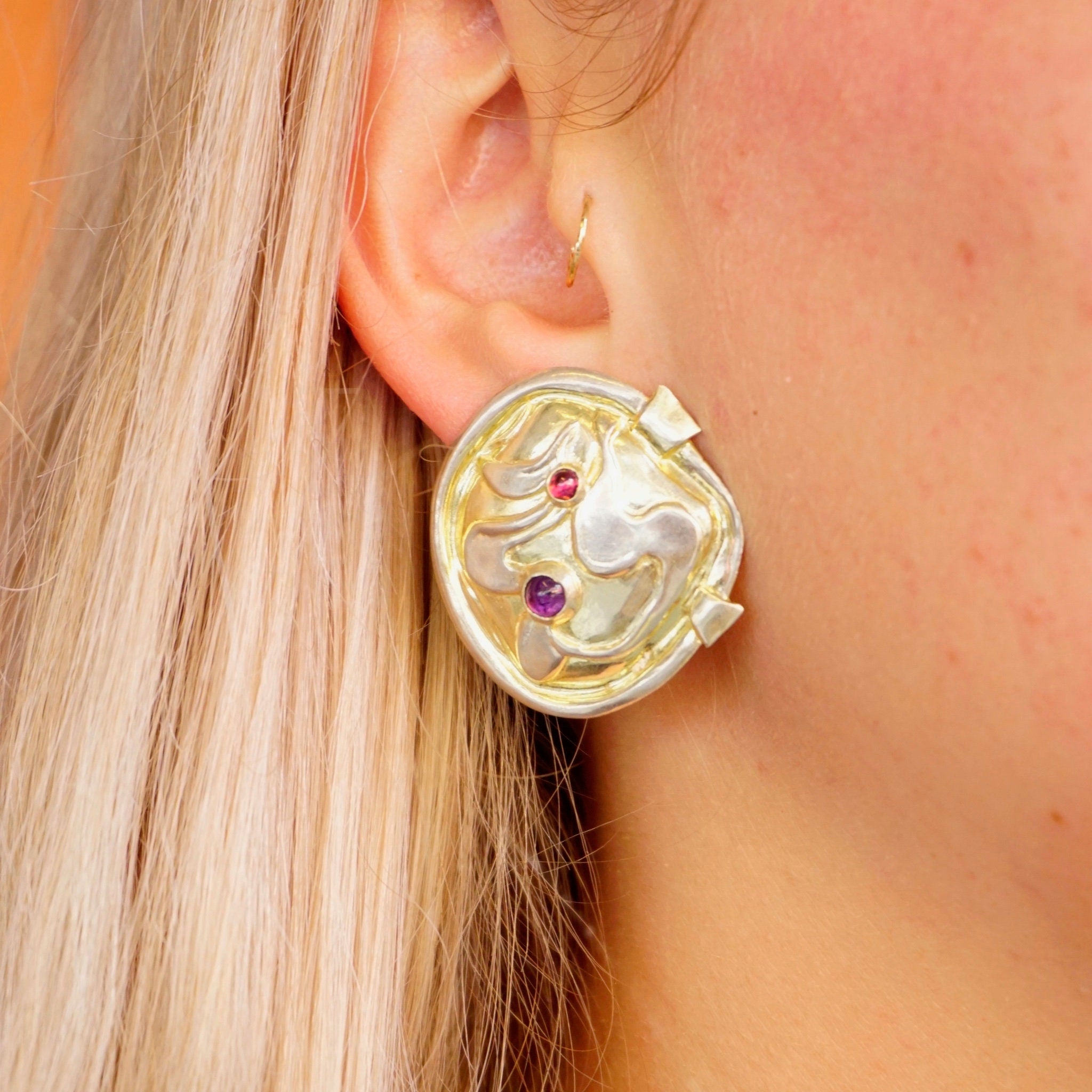 Vintage William and Shellie Sterling Silver Amethyst Earrings, Abstract Designer Earrings With Small Amethyst Gemstones, Modernist Earrings
