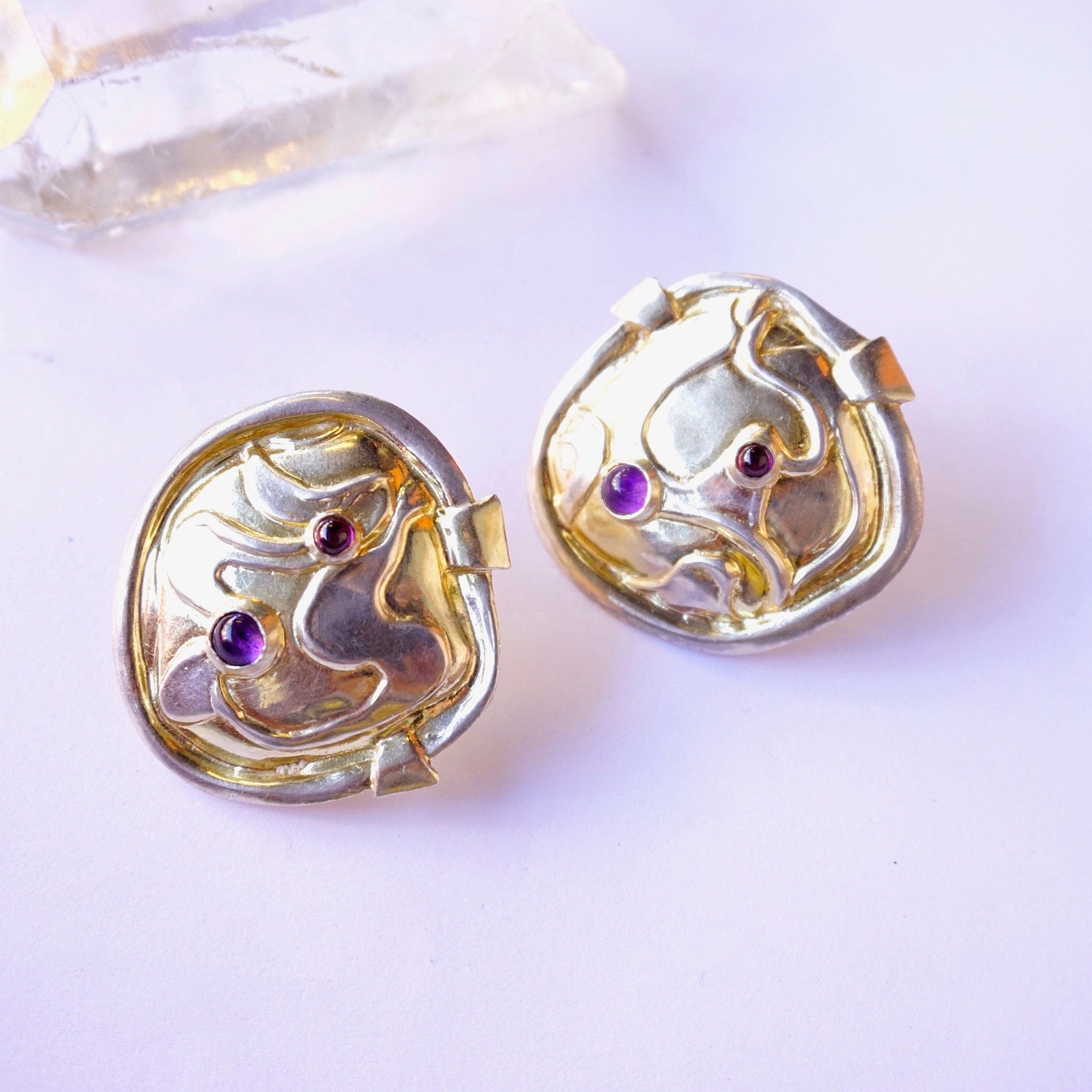 Vintage William and Shellie Sterling Silver Amethyst Earrings, Abstract Designer Earrings With Small Amethyst Gemstones, Modernist Earrings