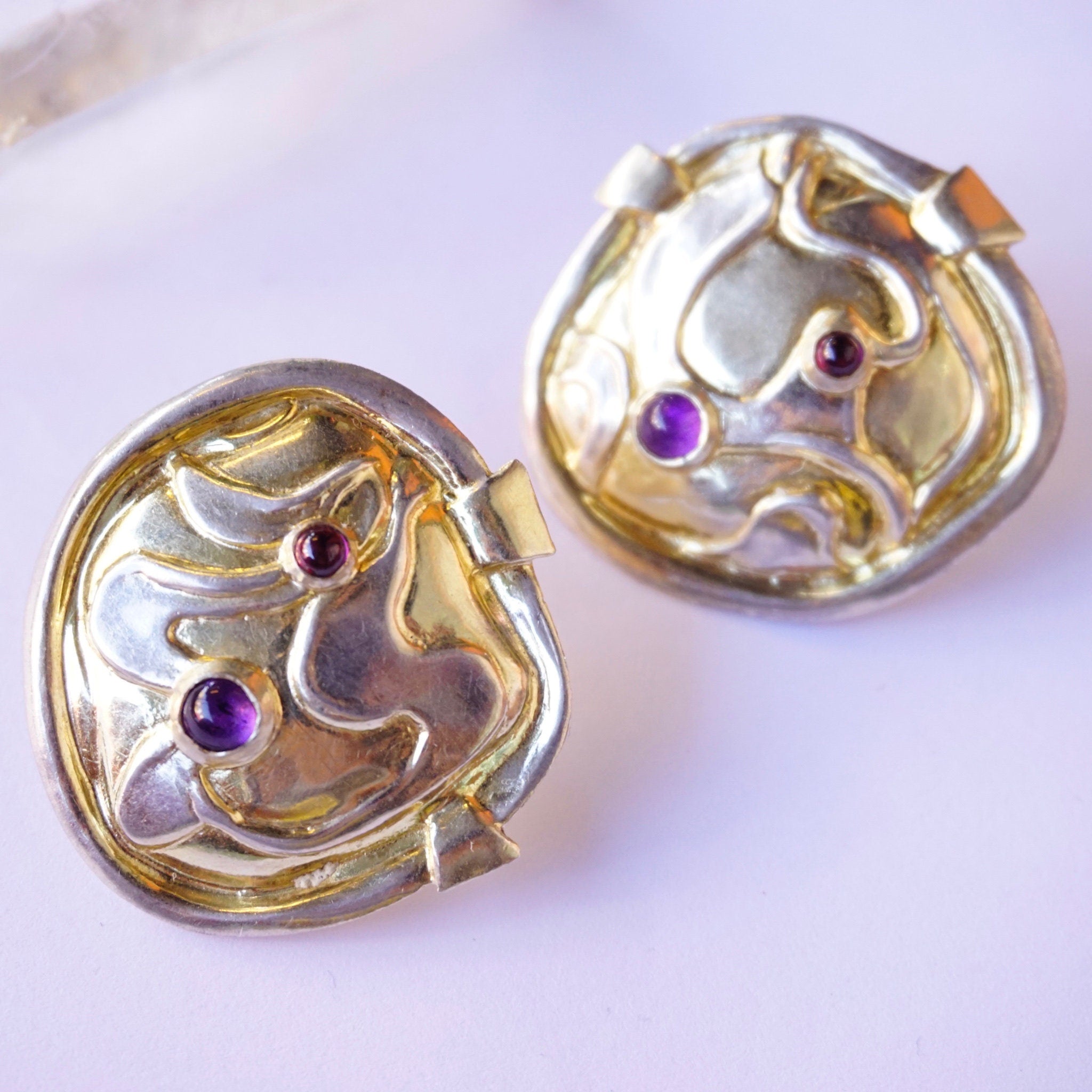 Vintage William and Shellie Sterling Silver Amethyst Earrings, Abstract Designer Earrings With Small Amethyst Gemstones, Modernist Earrings
