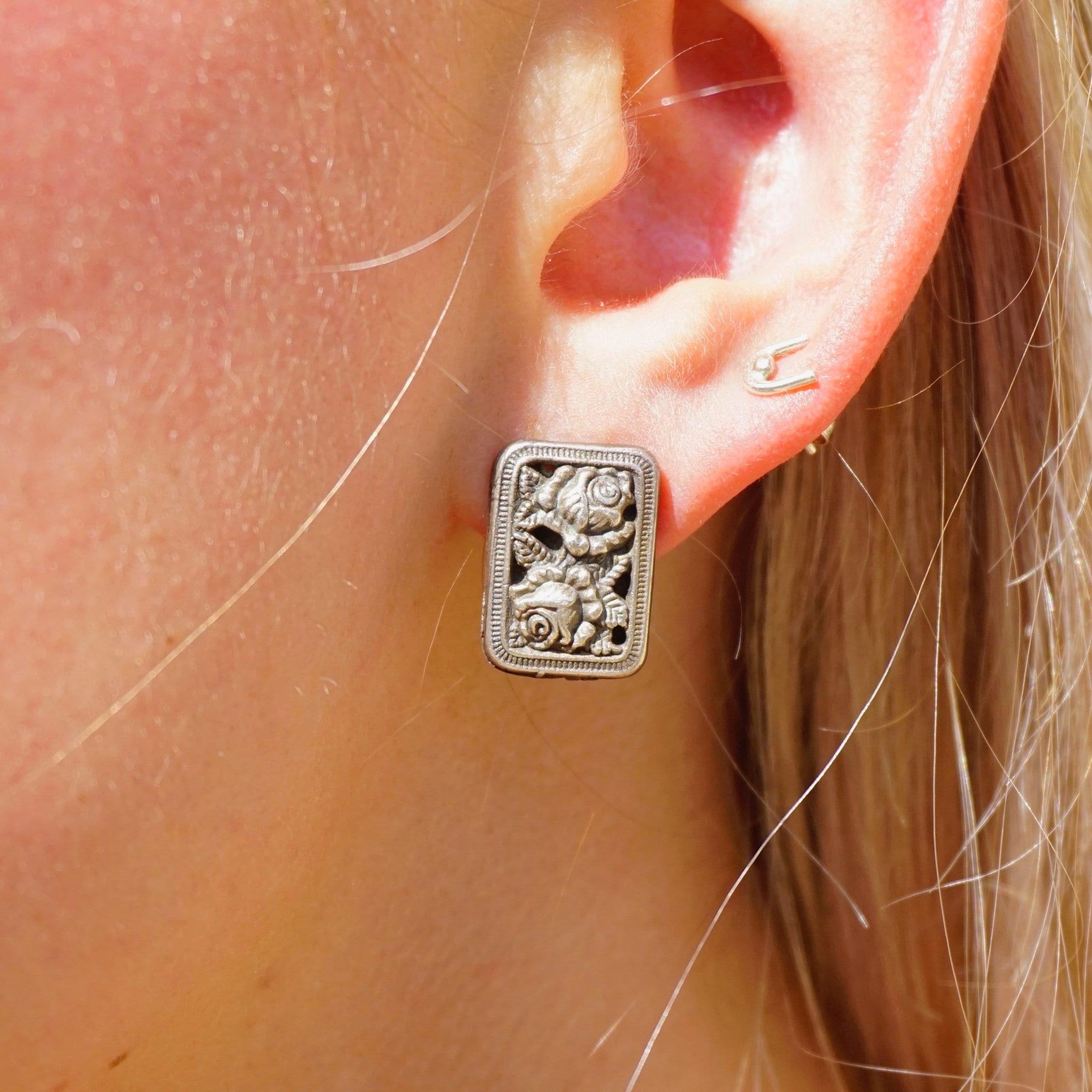 Vintage Mary Demarco Square Silver Toned Stud Earrings, Unique Rose Earrings, Metal Carved Flower Stud Earrings, Mary Demarco Jewelry