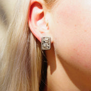 Vintage Mary Demarco Square Silver Toned Stud Earrings, Unique Rose Earrings, Metal Carved Flower Stud Earrings, Mary Demarco Jewelry