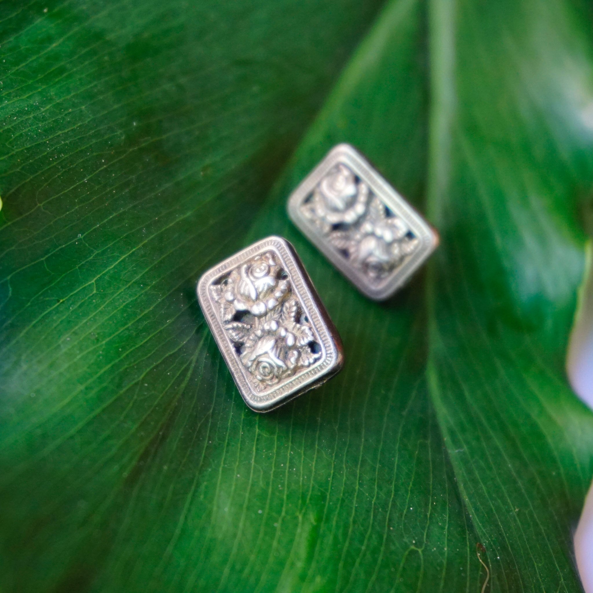 Vintage Mary Demarco Square Silver Toned Stud Earrings, Unique Rose Earrings, Metal Carved Flower Stud Earrings, Mary Demarco Jewelry