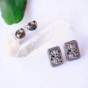 Vintage Mary Demarco Square Silver Toned Stud Earrings, Unique Rose Earrings, Metal Carved Flower Stud Earrings, Mary Demarco Jewelry