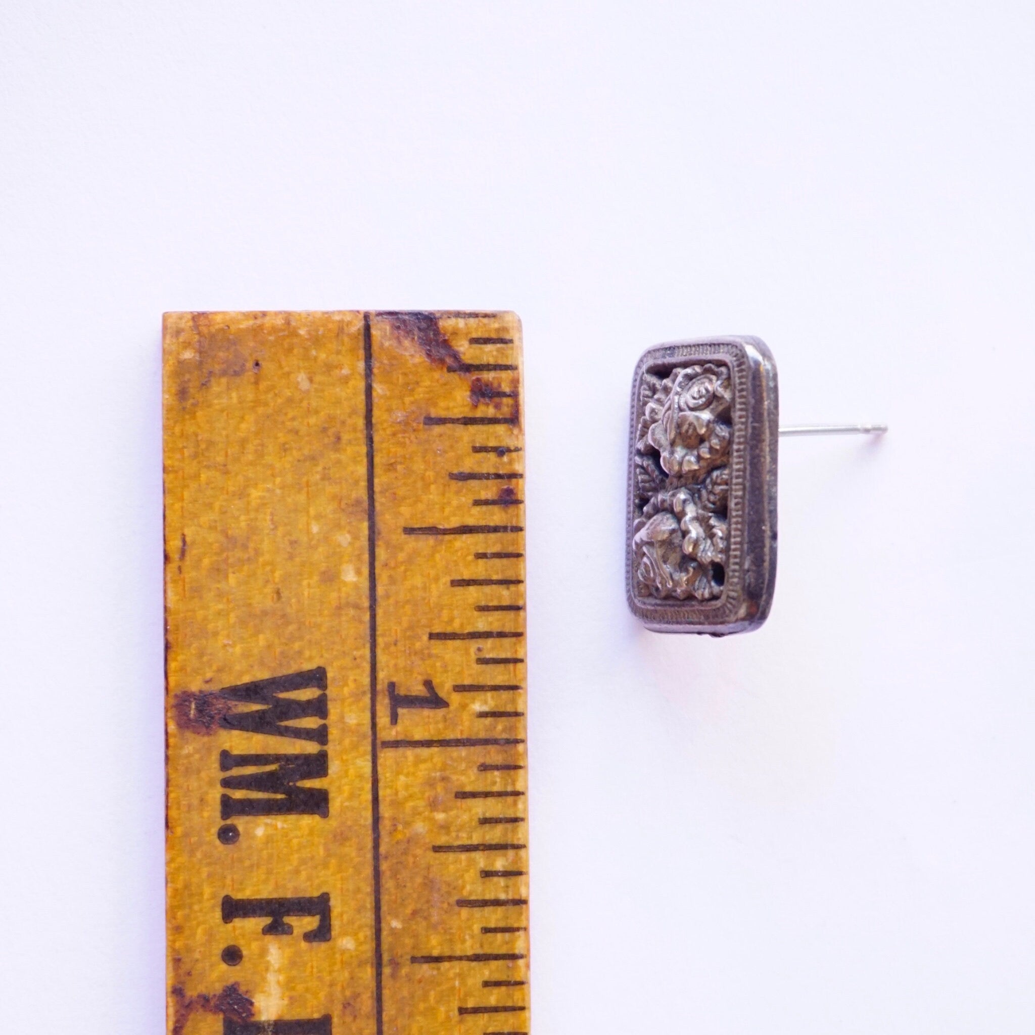 Vintage Mary Demarco Square Silver Toned Stud Earrings, Unique Rose Earrings, Metal Carved Flower Stud Earrings, Mary Demarco Jewelry