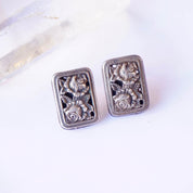 Vintage Mary Demarco Square Silver Toned Stud Earrings, Unique Rose Earrings, Metal Carved Flower Stud Earrings, Mary Demarco Jewelry