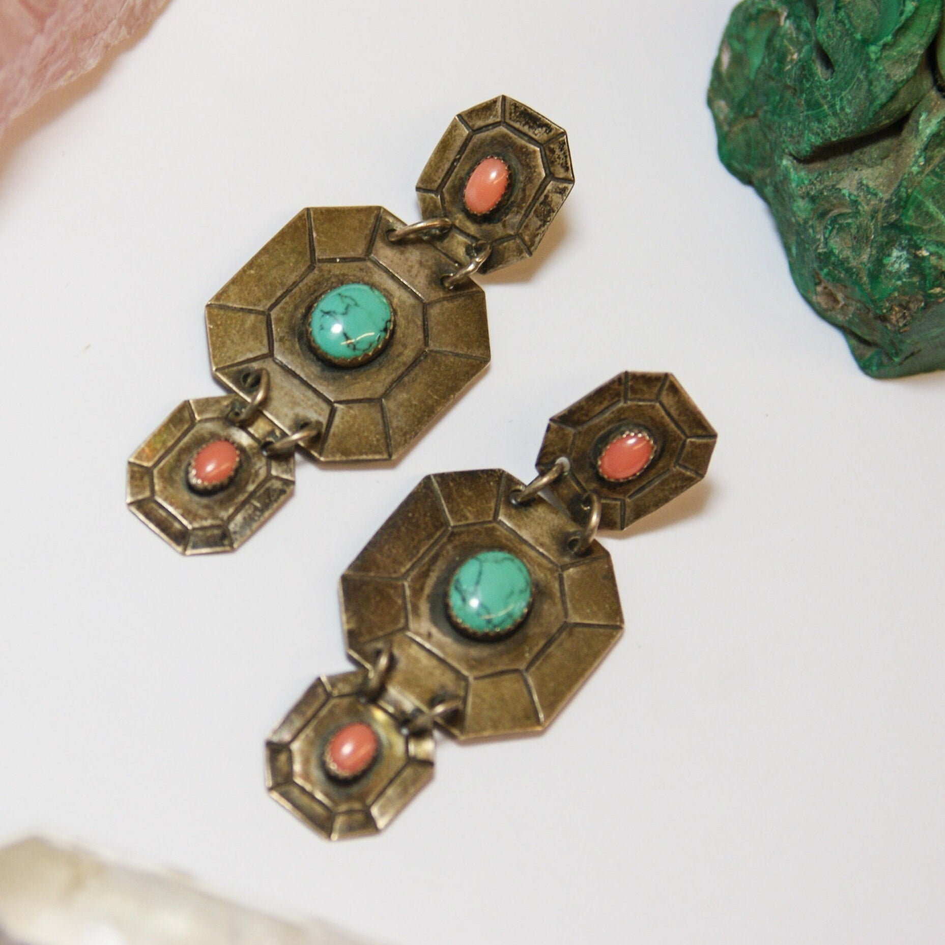 Vintage Silver Toned Tribal Stud Earrings With Turquoise, Unique Dangle Earrings With Pink and Blue Stones, Metal and Turquoise Earrings