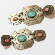Vintage Silver Toned Tribal Stud Earrings With Turquoise, Unique Dangle Earrings With Pink and Blue Stones, Metal and Turquoise Earrings