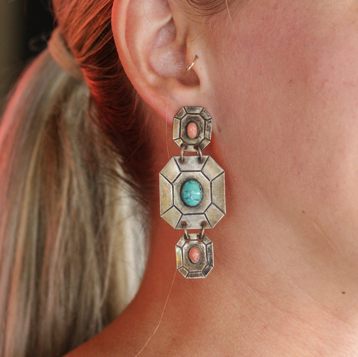 Vintage Silver Toned Tribal Stud Earrings With Turquoise, Unique Dangle Earrings With Pink and Blue Stones, Metal and Turquoise Earrings
