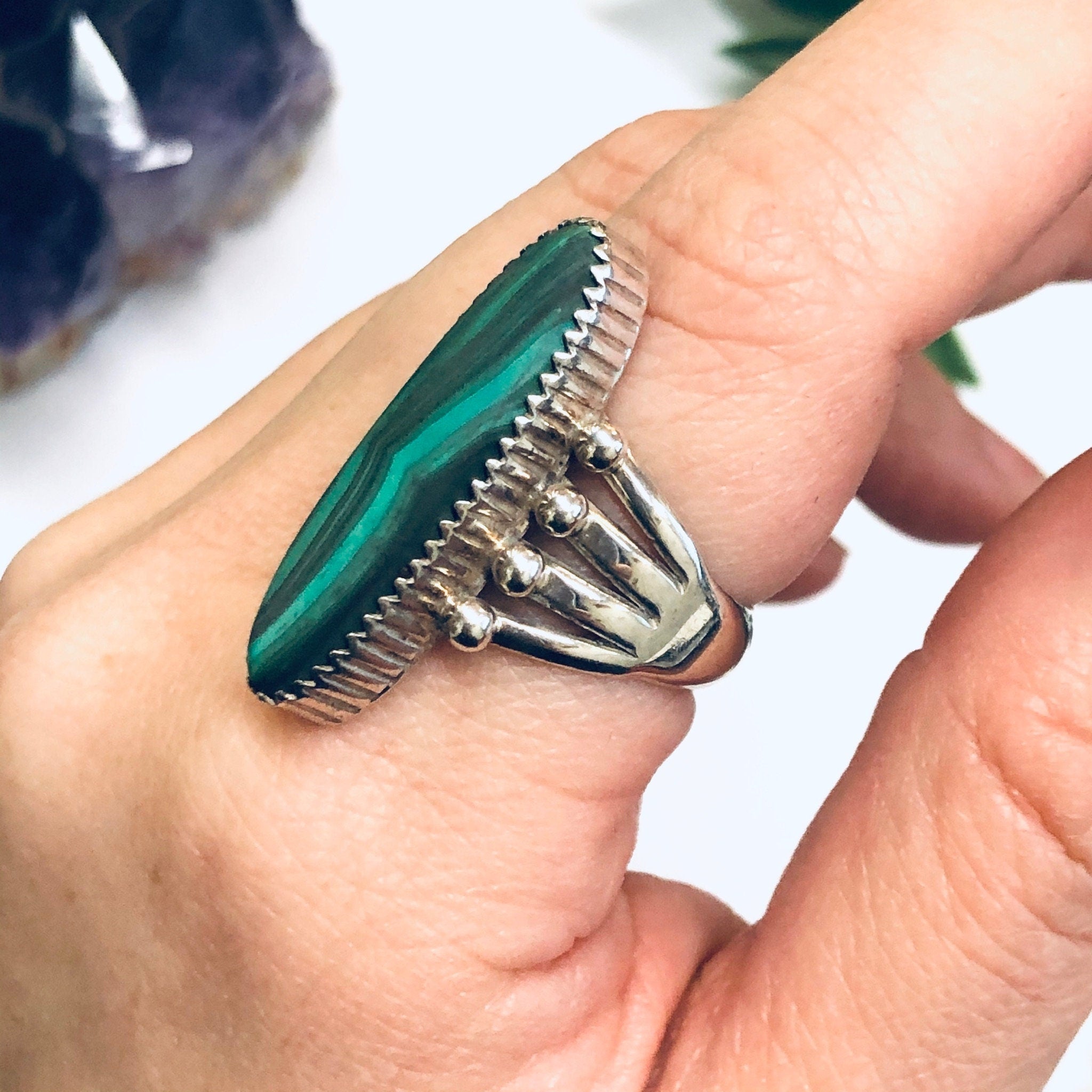 Unique Green Malachite Ring, Vintage Silver Ring, Malachite Jewelry, Green and Silver Ring, Minimalist Jewelry, Southwestern Style