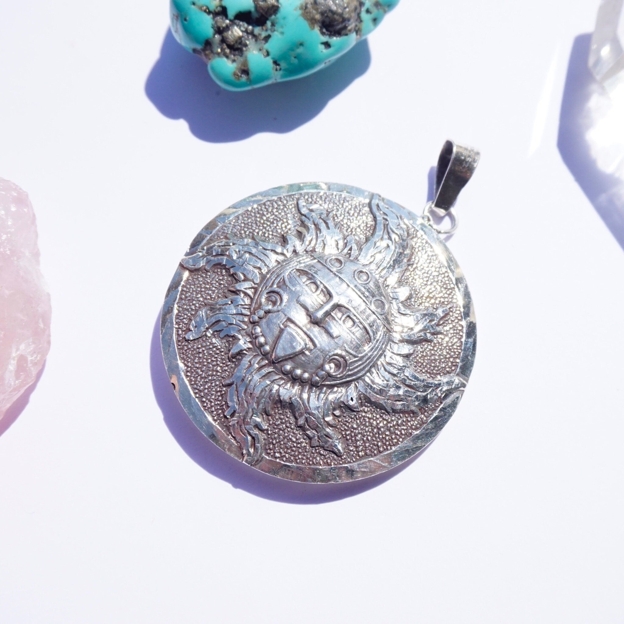 Vintage Sterling Silver Sun God Mayan Calendar Pendant, 925 Mexico Sun Medallion Pendant, Large 2-Sided Silver Pendant