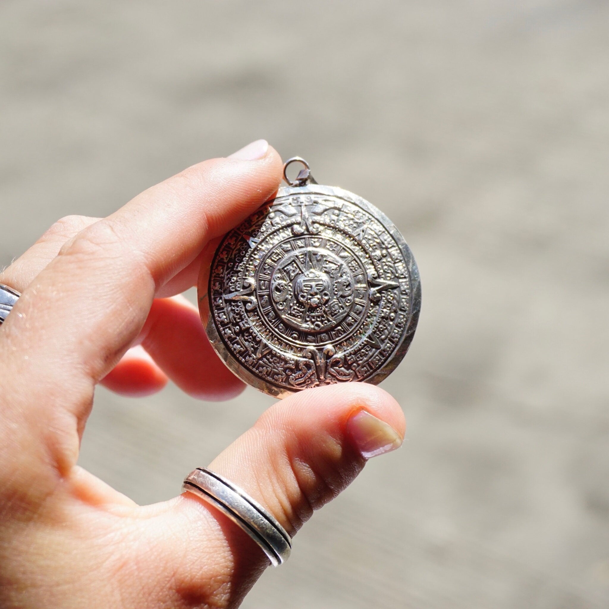 Vintage Sterling Silver Sun God Mayan Calendar Pendant, 925 Mexico Sun Medallion Pendant, Large 2-Sided Silver Pendant