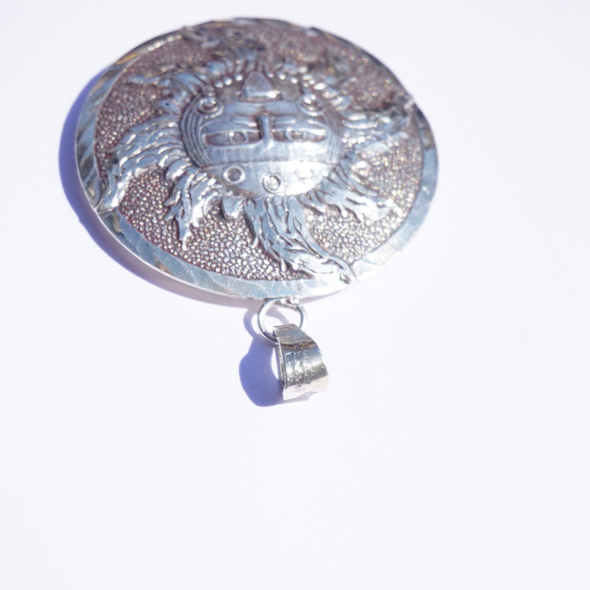 Vintage Sterling Silver Sun God Mayan Calendar Pendant, 925 Mexico Sun Medallion Pendant, Large 2-Sided Silver Pendant