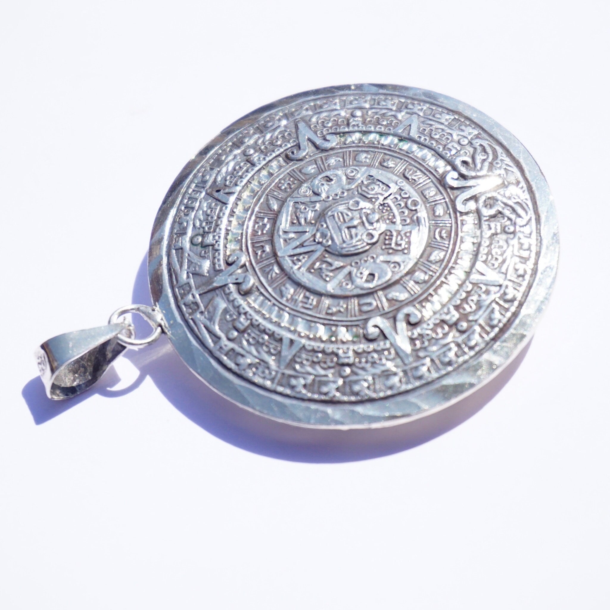 Vintage Sterling Silver Sun God Mayan Calendar Pendant, 925 Mexico Sun Medallion Pendant, Large 2-Sided Silver Pendant