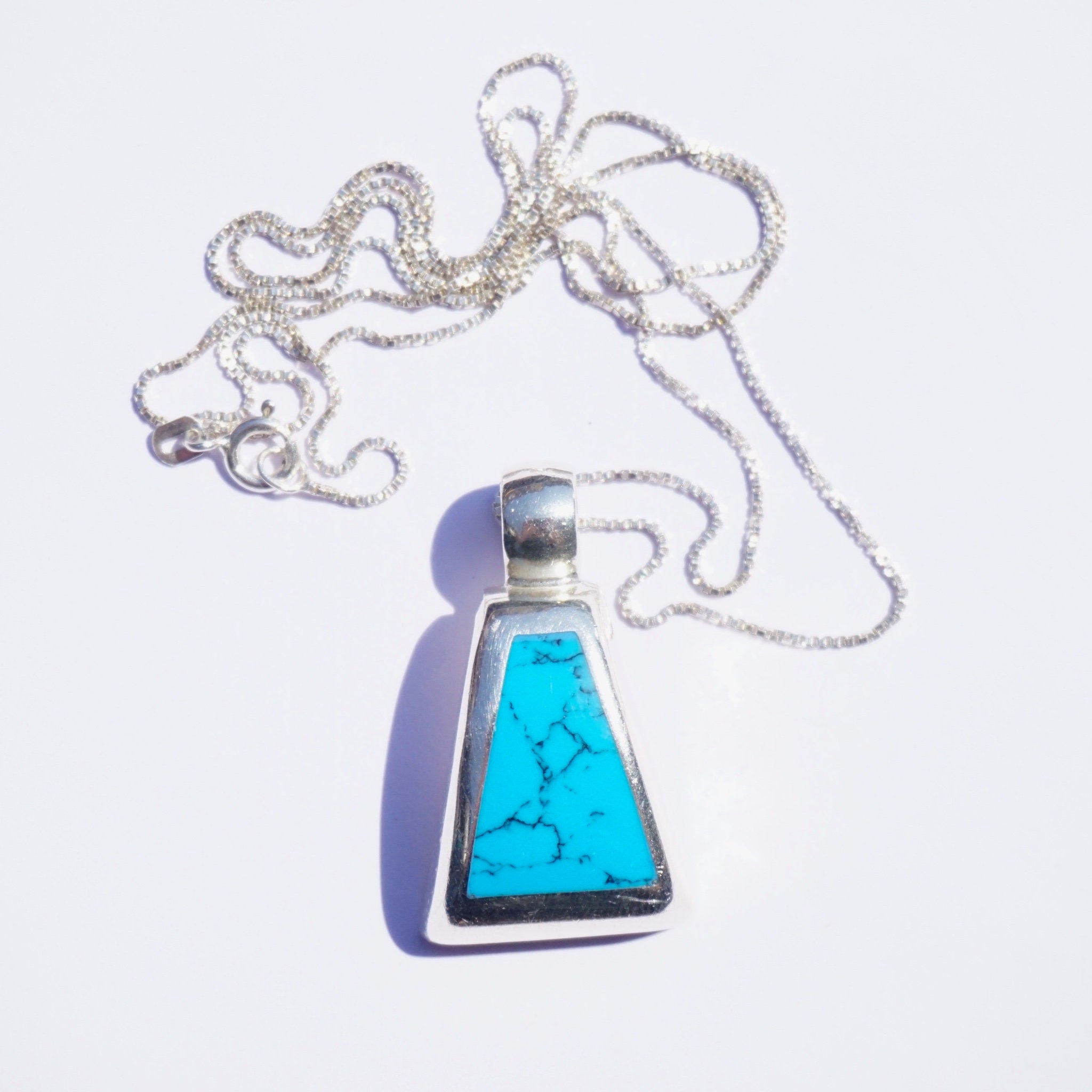 Vintage Sterling Silver Necklace With Turquoise Pendant, MEX925 Pendant Necklace, Marbled Blue Pendant, Abstract Silver Necklace