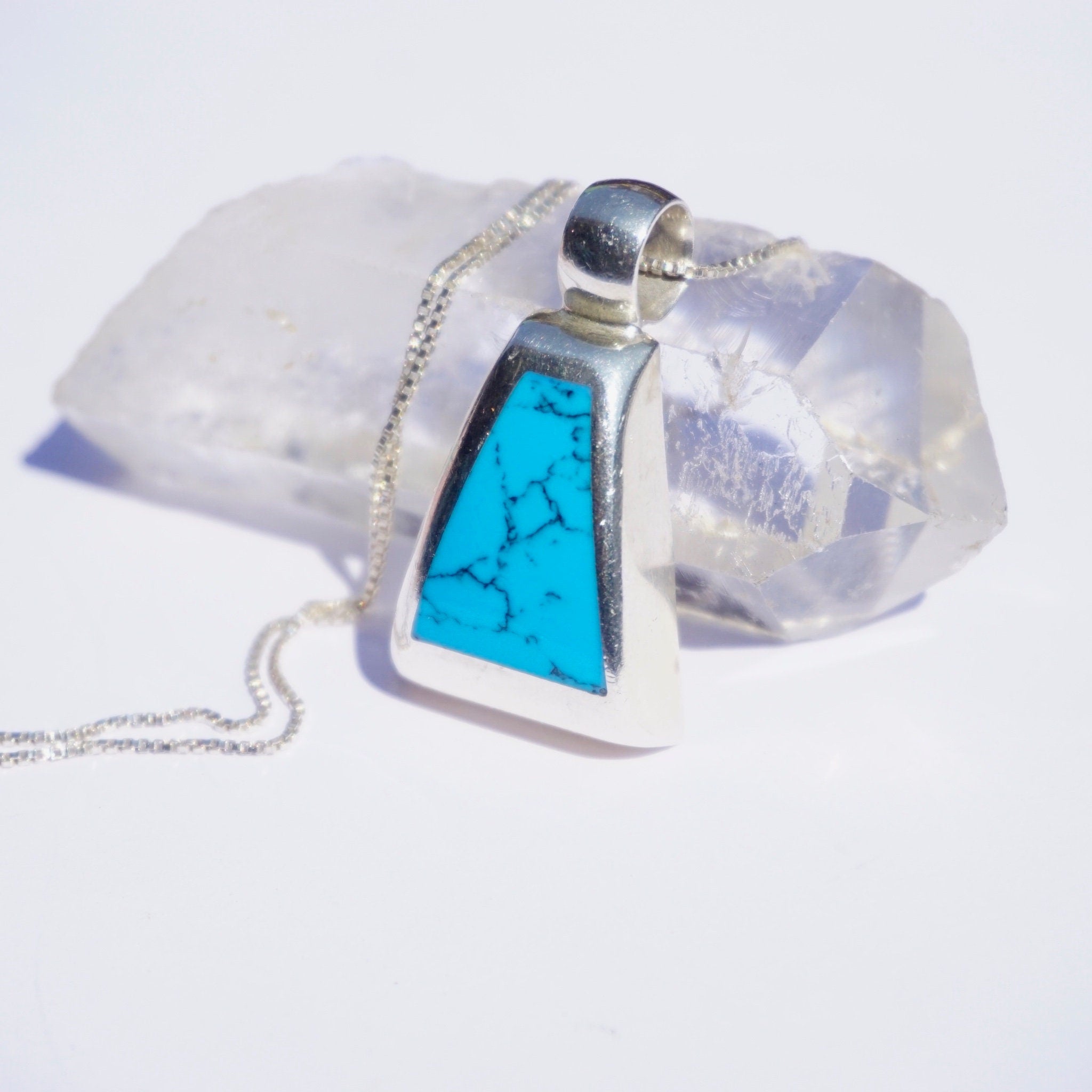 Vintage Sterling Silver Necklace With Turquoise Pendant, MEX925 Pendant Necklace, Marbled Blue Pendant, Abstract Silver Necklace