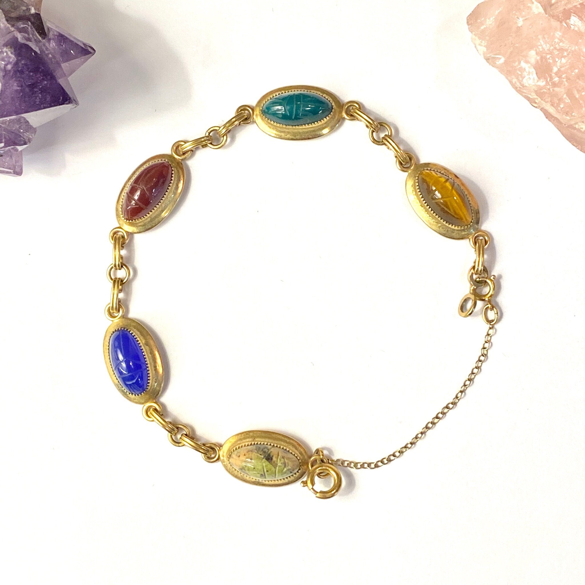 Vintage Gold Filled Egyptian Scarab Bracelet, Scarab Stone Bracelet, Gold Toned Egyptian Style Scarab Bracelet