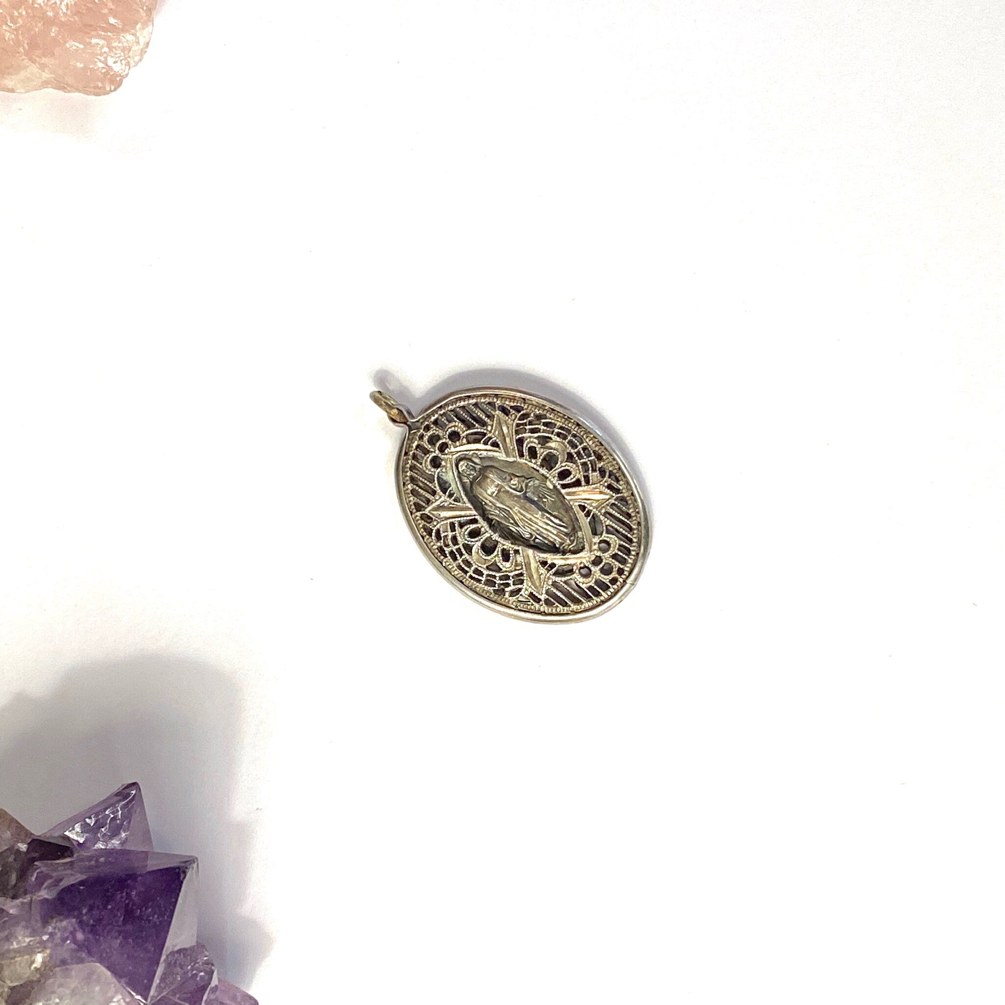 Vintage Sterling Silver Virgin Mary Pendant, Deco Style Silver Necklace Pendant, Intricate Mother Mary Pendent Design