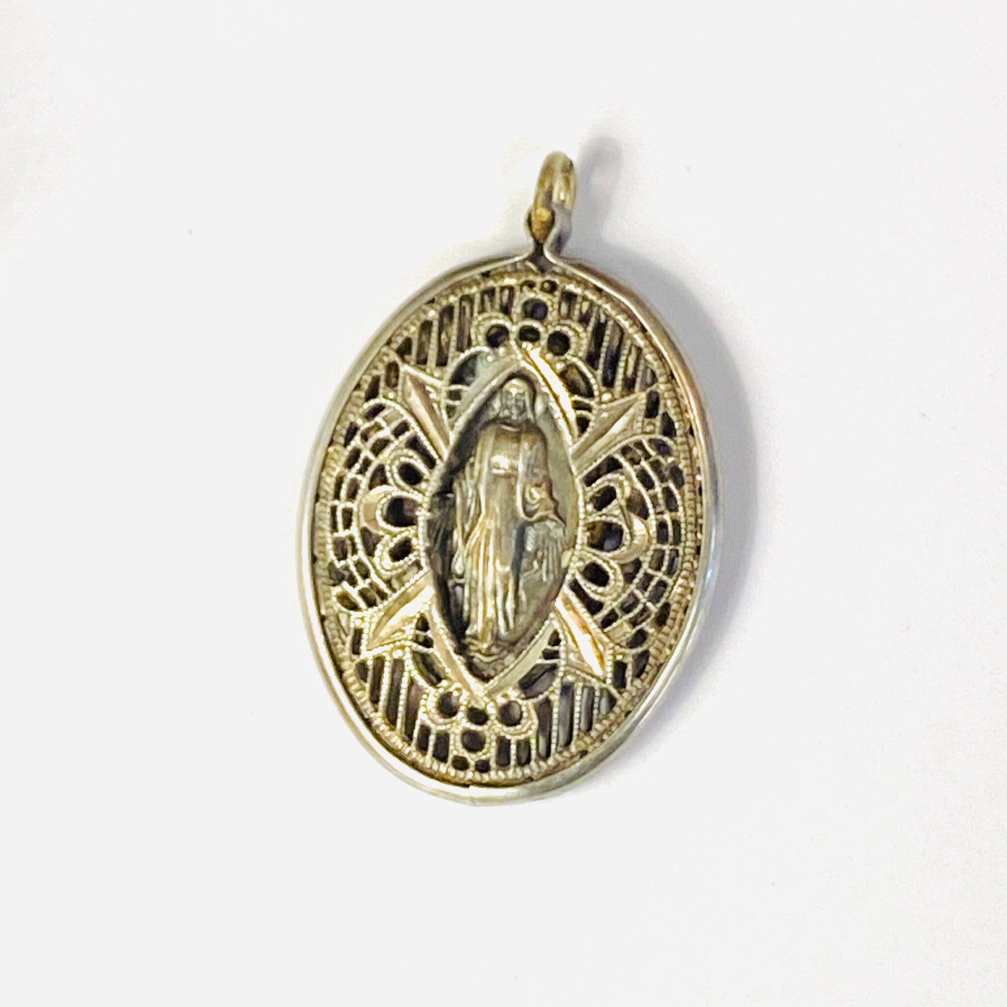 Vintage Sterling Silver Virgin Mary Pendant, Deco Style Silver Necklace Pendant, Intricate Mother Mary Pendent Design