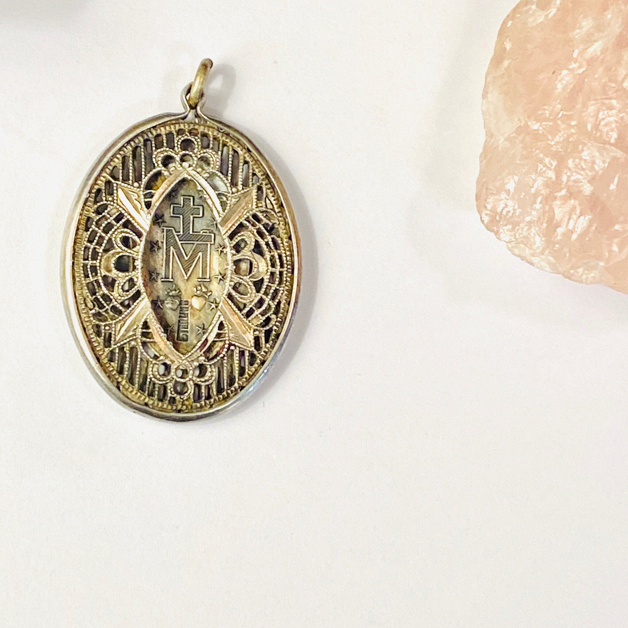 Vintage Sterling Silver Virgin Mary Pendant, Deco Style Silver Necklace Pendant, Intricate Mother Mary Pendent Design