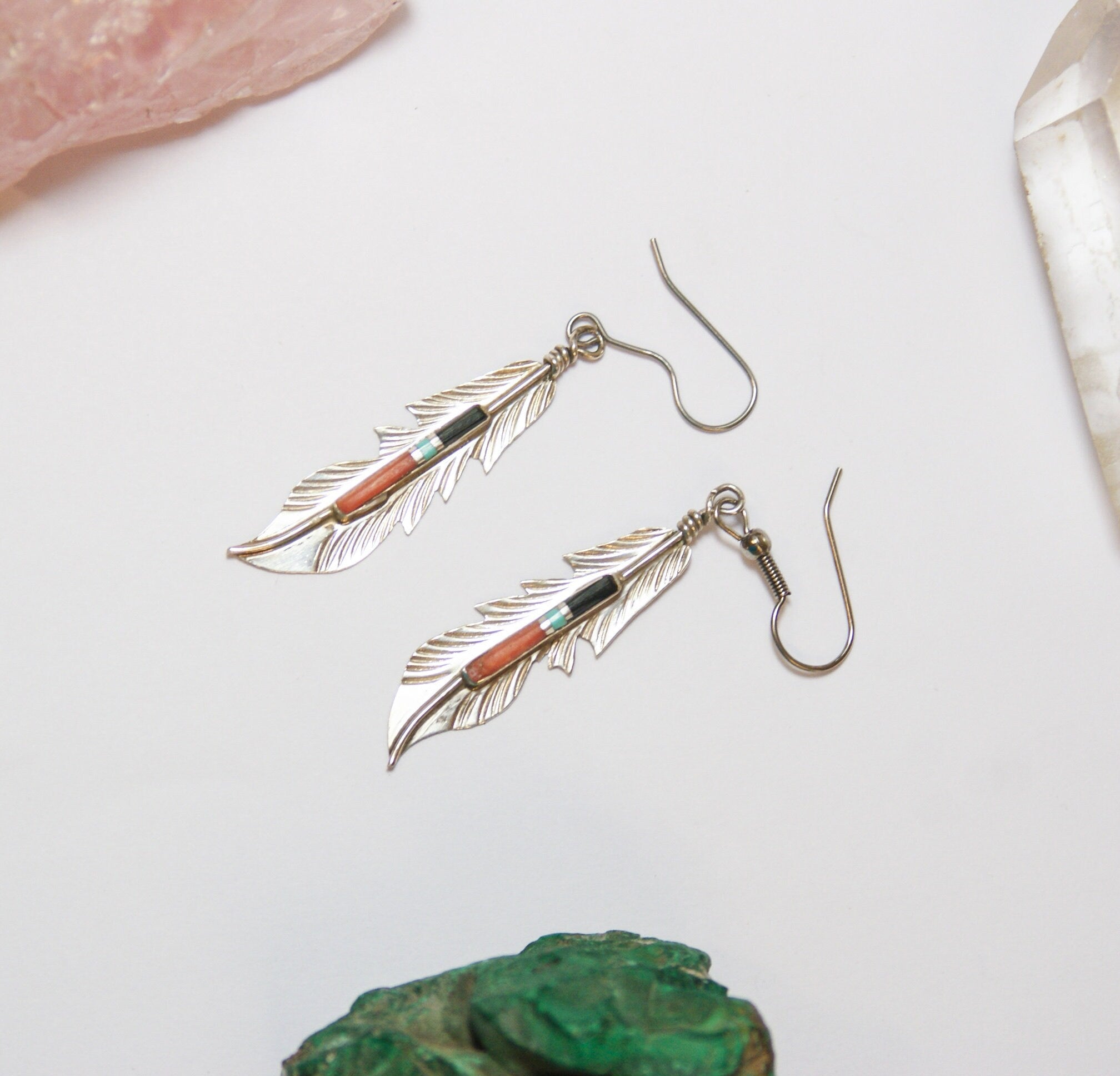 Vintage Navajo Silver Feather Earrings, Authentic Sterling Silver F. Barney Earrings, Feather Earrings with Colorful Stone Accent