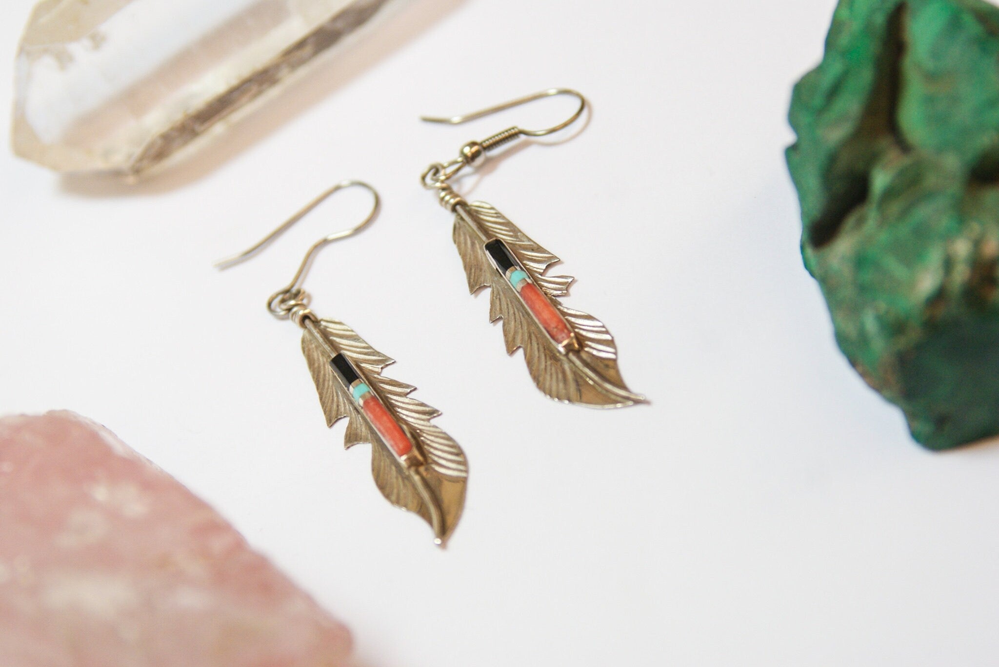 Vintage Navajo Silver Feather Earrings, Authentic Sterling Silver F. Barney Earrings, Feather Earrings with Colorful Stone Accent