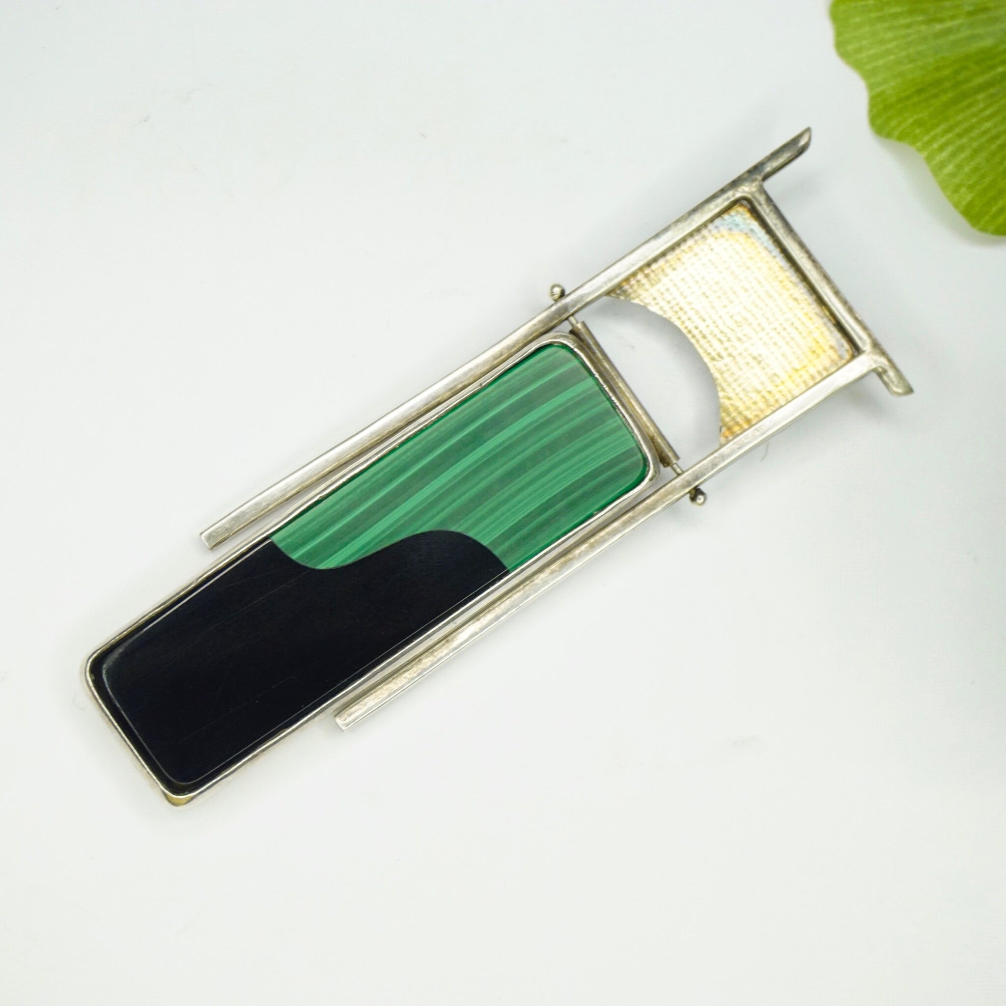 Vintage 18K Gold and Sterling Pendant With Malachite and Black Onyx, Abstract Pin With Moveable Details, Unique Gold and Silver Brooch