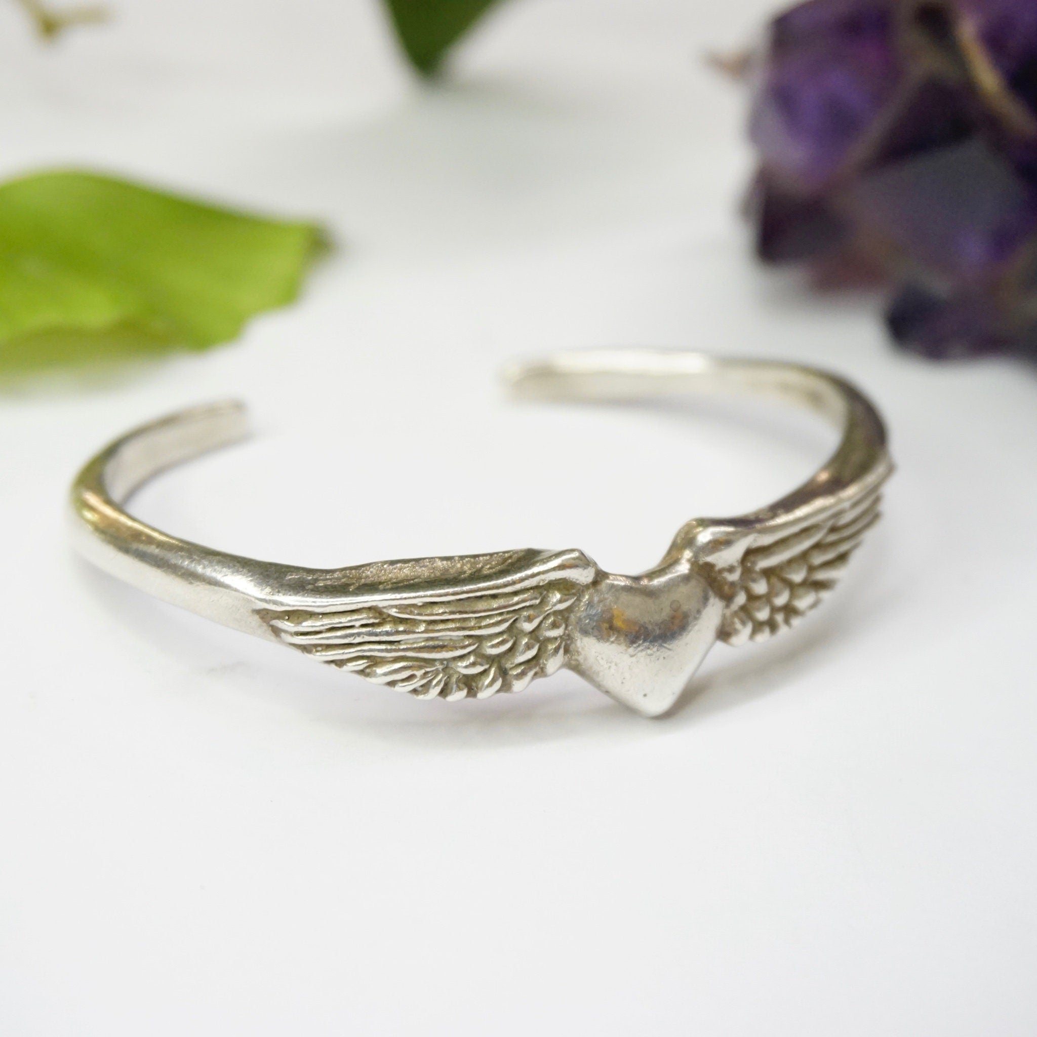Vintage Sterling Silver Winged Heart Bracelet Cuff, Handmade Sufi Heart Silver Bracelet, Minimalist Silver Cuff With a Heart and Angel Wings