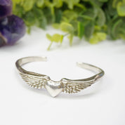 Vintage Sterling Silver Winged Heart Bracelet Cuff, Handmade Sufi Heart Silver Bracelet, Minimalist Silver Cuff With a Heart and Angel Wings