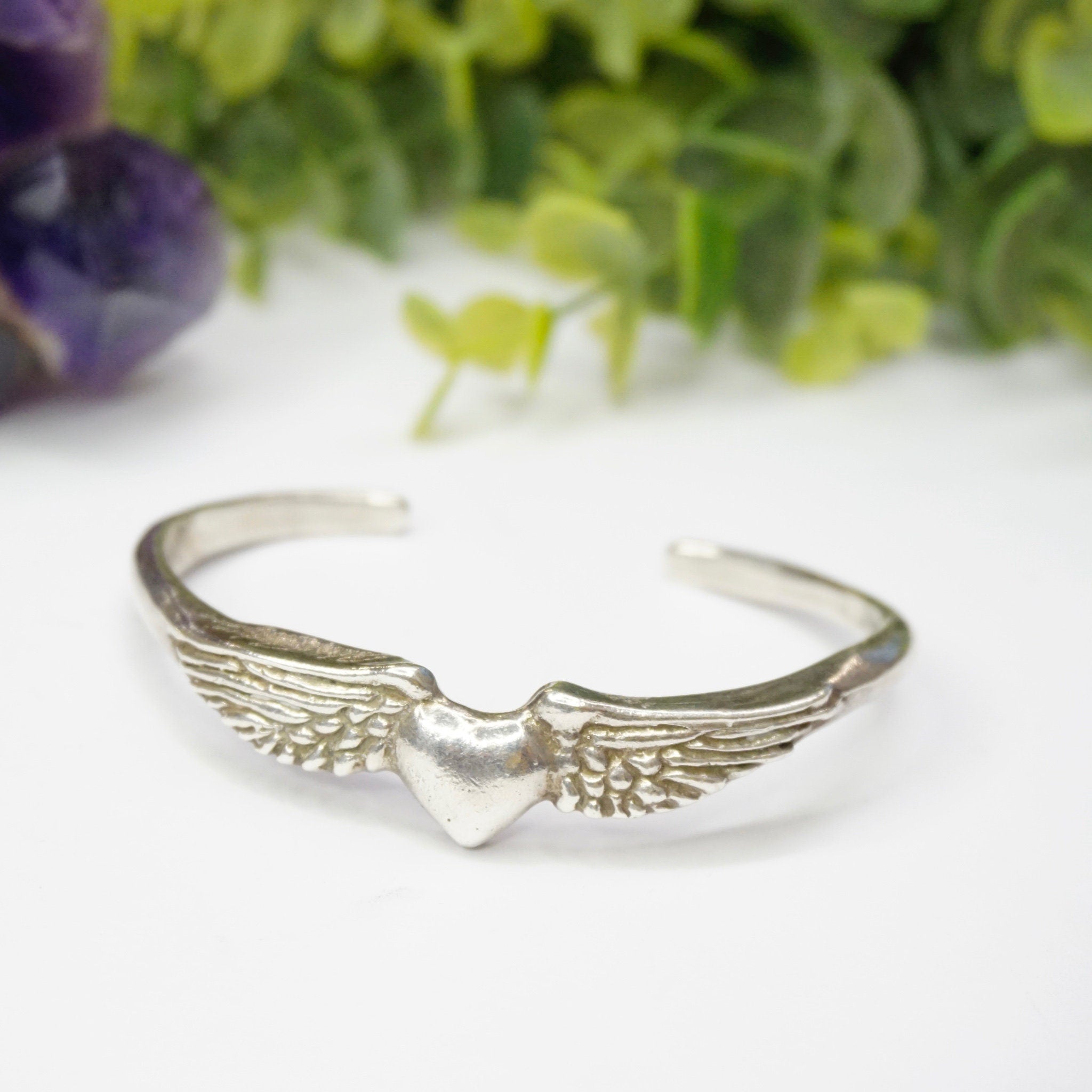 Vintage Sterling Silver Winged Heart Bracelet Cuff, Handmade Sufi Heart Silver Bracelet, Minimalist Silver Cuff With a Heart and Angel Wings