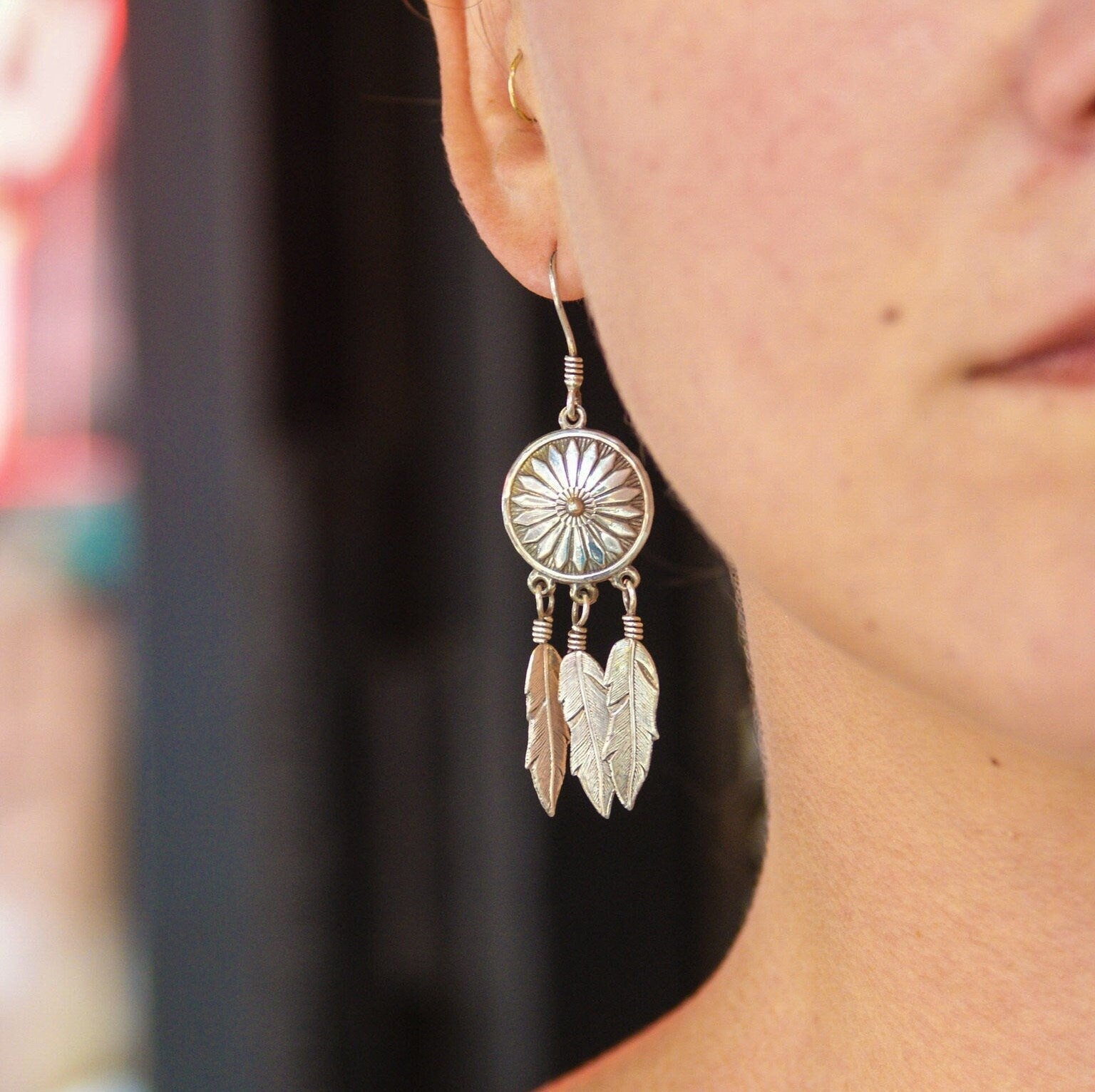 Vintage Sterling Silver Dream Catcher Earrings, Silver Talisman Jewelry, Dream Catcher Dangle Earrings