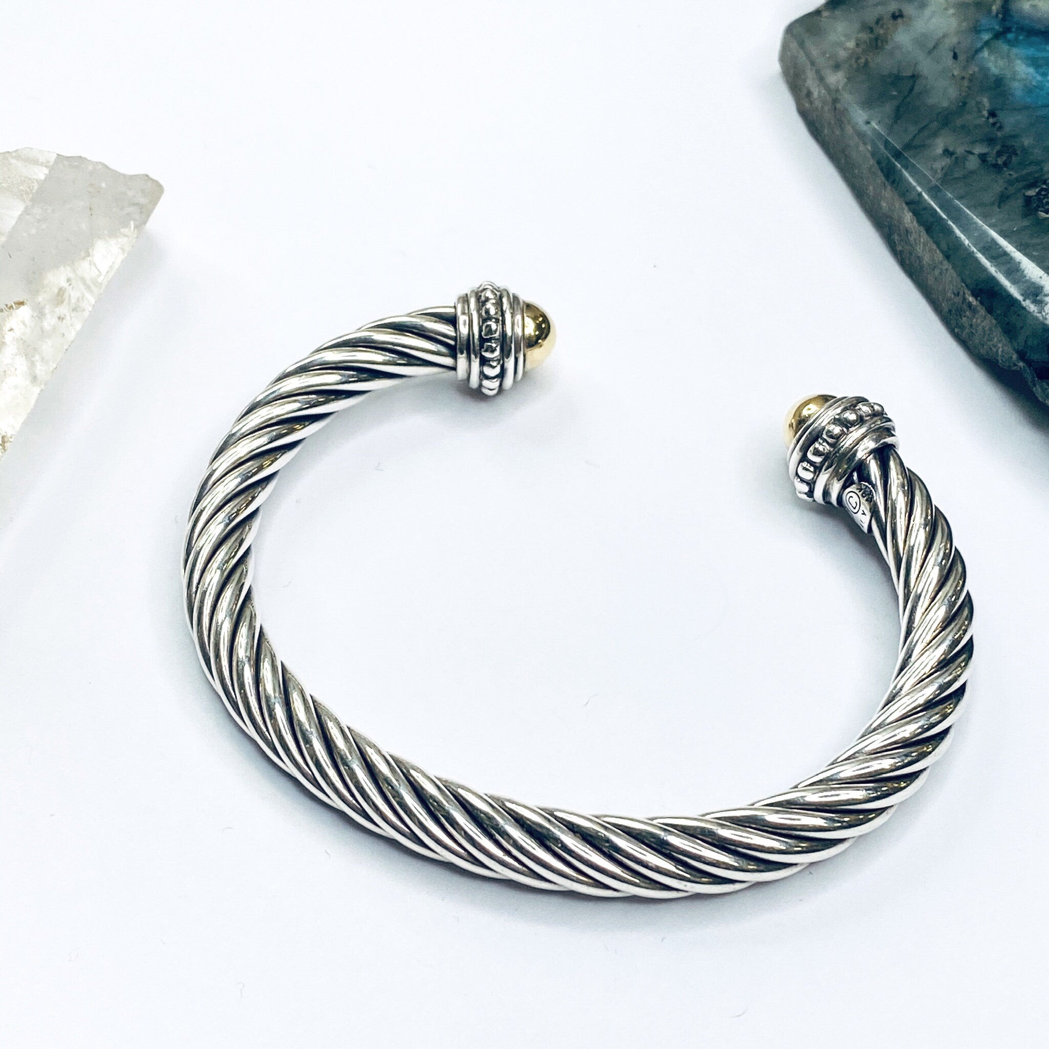 Vintage Italian Sterling Silver And 18K Gold Cuff Bracelet, Modern Silver And Gold Bracelet, Silver And Gold Cuff Bracelet With Detail