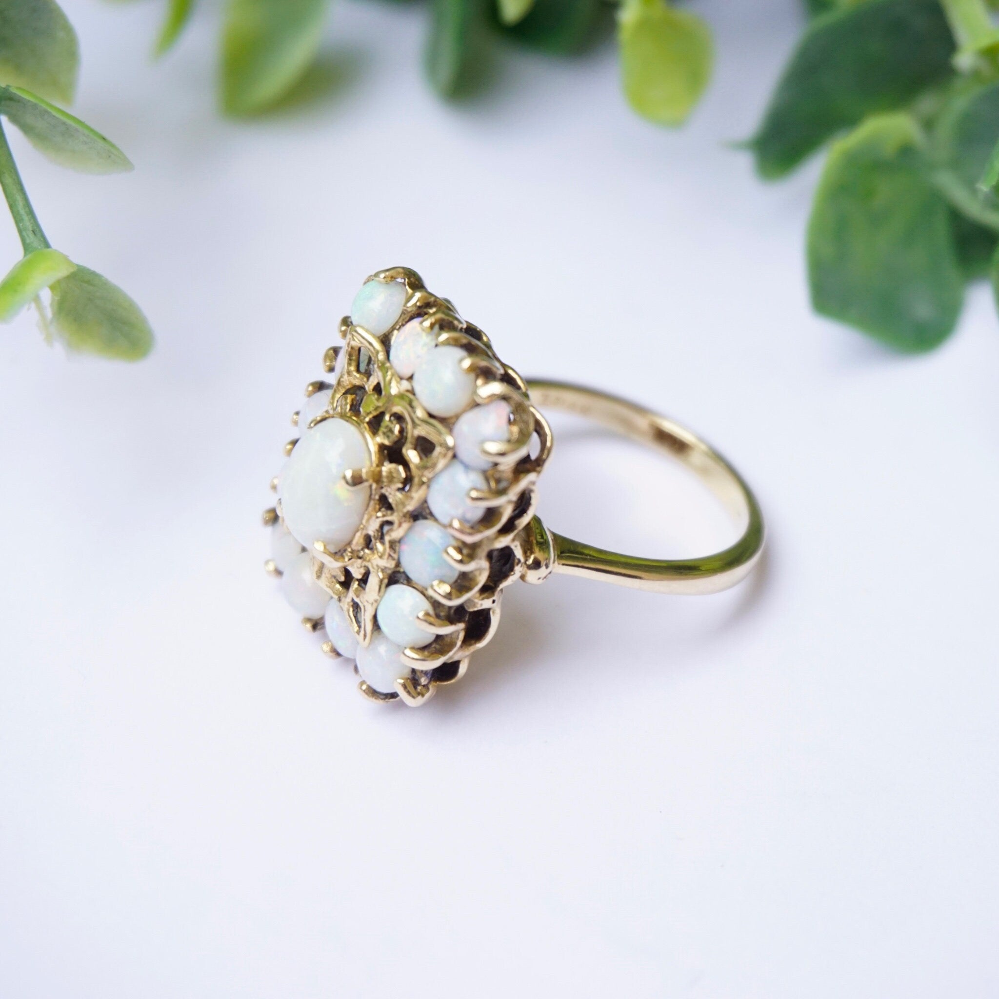 Vintage 14K Gold Opal Cluster Cocktail Ring, Unique Gold Square Cocktail Ring With Opal Stones, Elegant 14K Gold and Opal Cocktail Ring