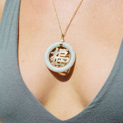 Vintage 14K Gold Jade Chinese Symbol Pendant, Large Light Green Jade Pendant With 14K Gold Chinese Symbol, Beautiful Green Jade Pendant