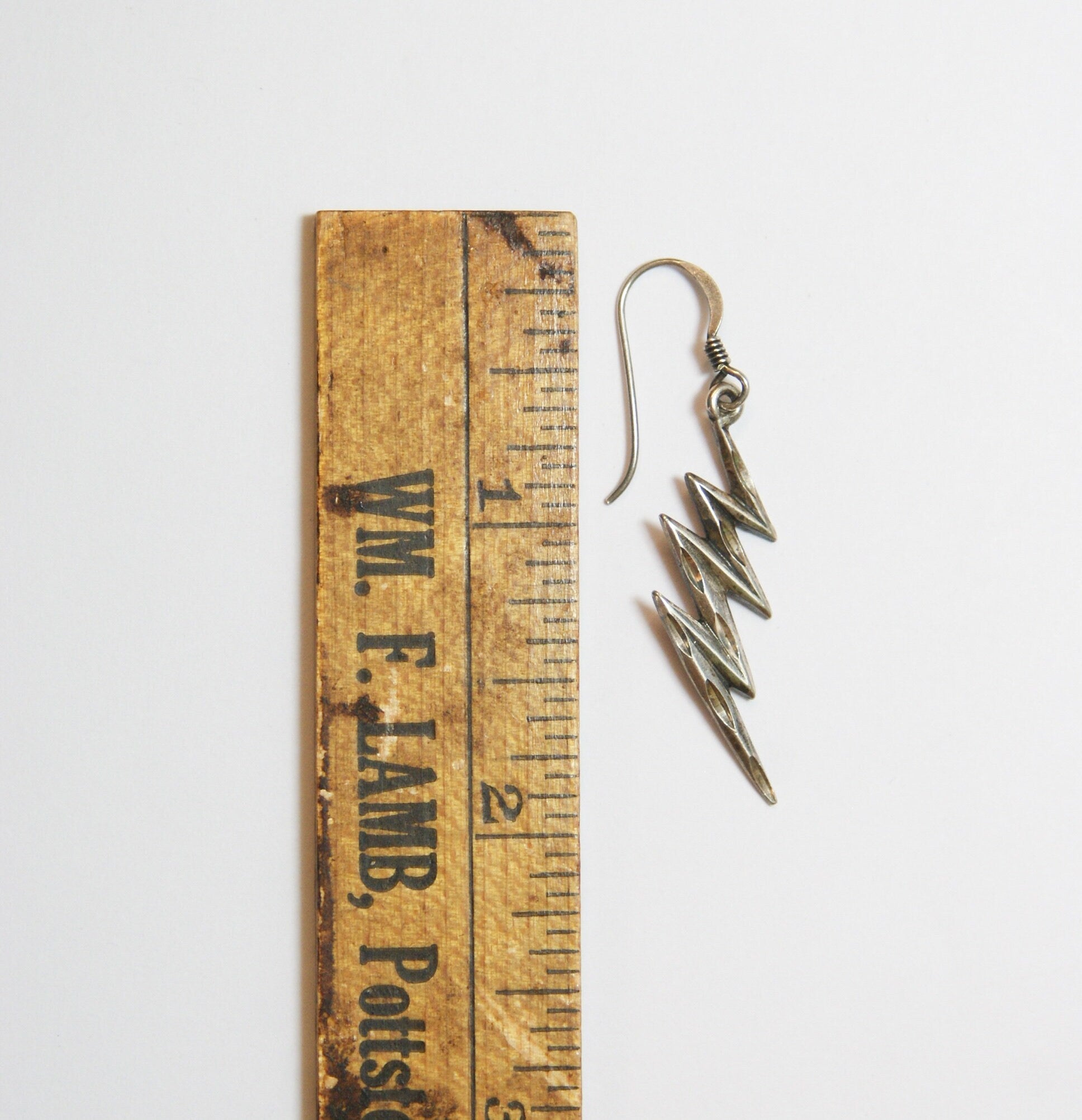 Vintage Sterling Silver Lightning Bolt Earrings, Unique Silver Earrings With Carved Details, Minimal Dangle Sterling Lightning Bolt Earrings