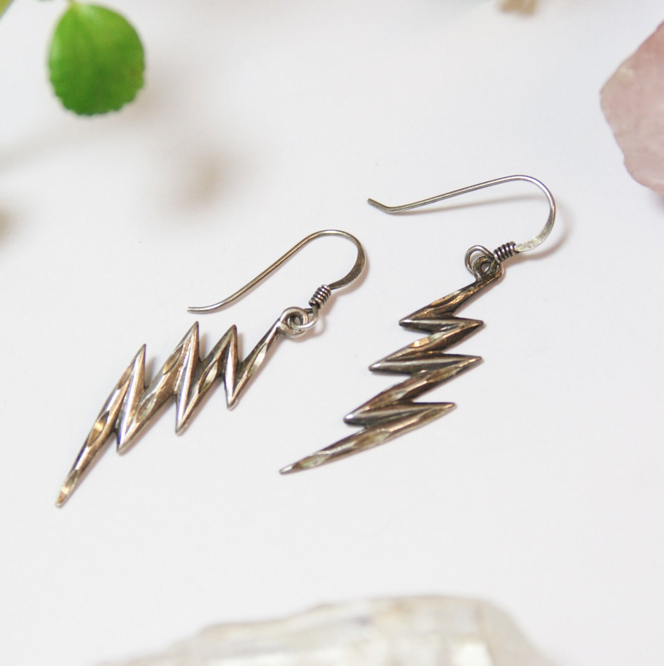 Vintage Sterling Silver Lightning Bolt Earrings, Unique Silver Earrings With Carved Details, Minimal Dangle Sterling Lightning Bolt Earrings
