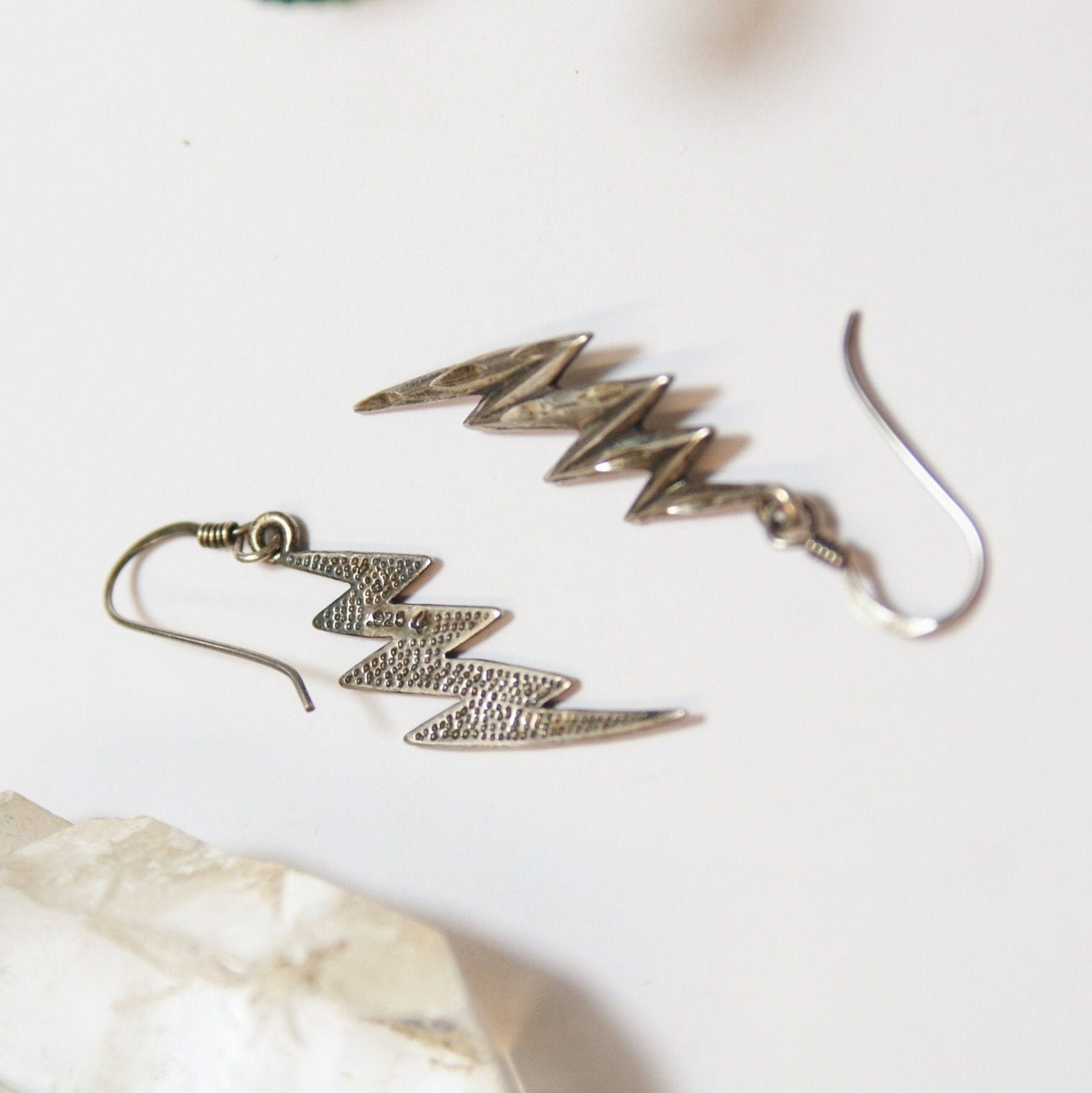 Vintage Sterling Silver Lightning Bolt Earrings, Unique Silver Earrings With Carved Details, Minimal Dangle Sterling Lightning Bolt Earrings