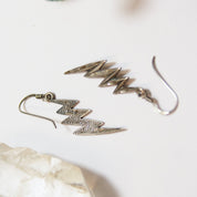 Vintage Sterling Silver Lightning Bolt Earrings, Unique Silver Earrings With Carved Details, Minimal Dangle Sterling Lightning Bolt Earrings