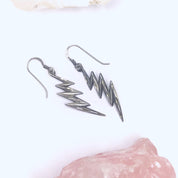 Vintage Sterling Silver Lightning Bolt Earrings, Unique Silver Earrings With Carved Details, Minimal Dangle Sterling Lightning Bolt Earrings