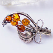 Vintage Silver and Amber Brooch, Unique Pin With Natural Amber Berries and a Silver Detailed Leaf, Beautiful Amber Brooch Made With Silver