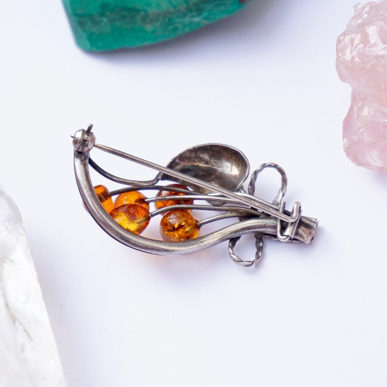 Vintage Silver and Amber Brooch, Unique Pin With Natural Amber Berries and a Silver Detailed Leaf, Beautiful Amber Brooch Made With Silver