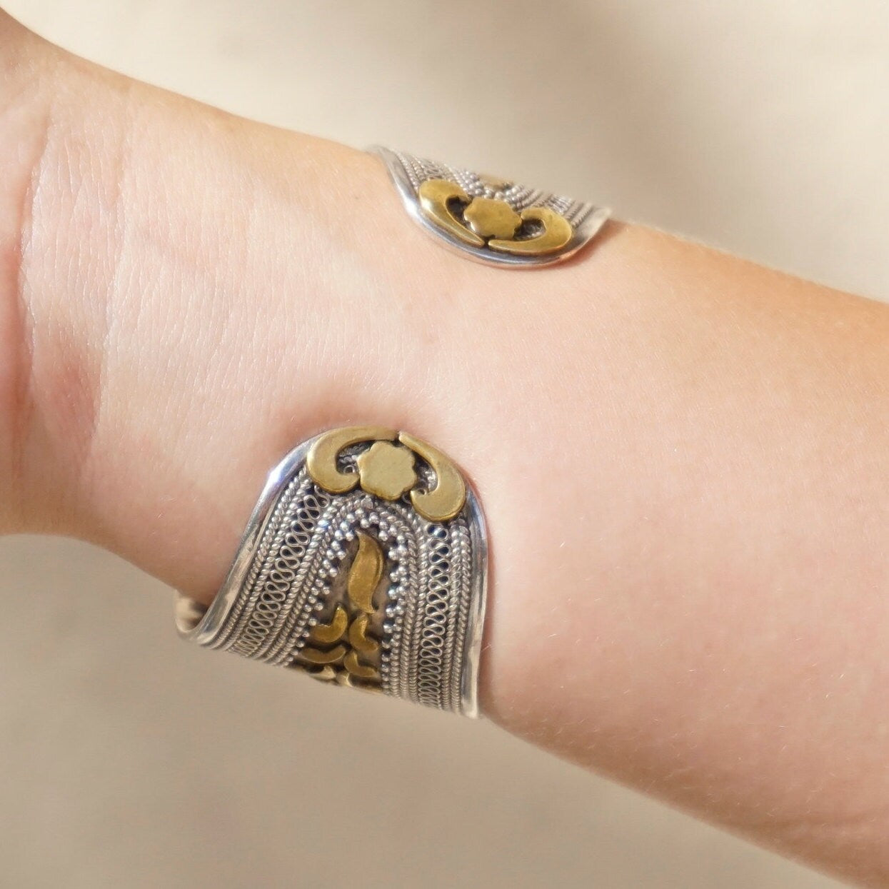 Vintage Silver And Brass Cuff With Lapis Lazuli Stones, Embellished Sterling Silver Bangle Cuff With Gemstone Accents, Indian Silver Cuff