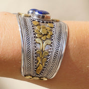 Vintage Silver And Brass Cuff With Lapis Lazuli Stones, Embellished Sterling Silver Bangle Cuff With Gemstone Accents, Indian Silver Cuff