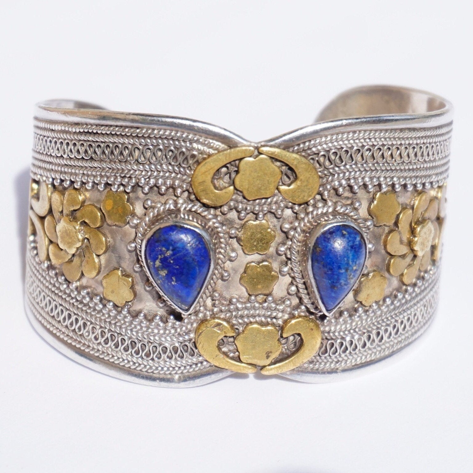 Vintage Silver And Brass Cuff With Lapis Lazuli Stones, Embellished Sterling Silver Bangle Cuff With Gemstone Accents, Indian Silver Cuff