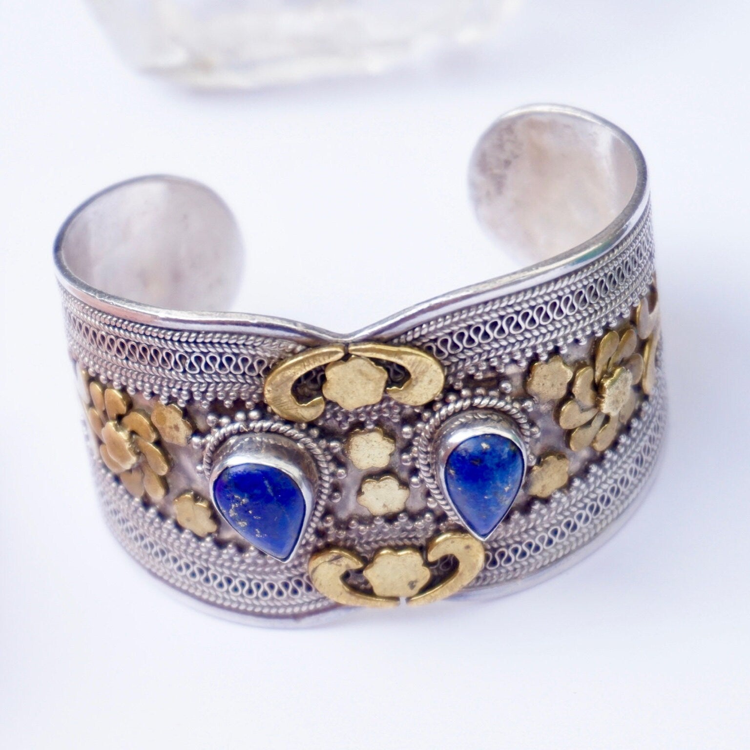Vintage Silver And Brass Cuff With Lapis Lazuli Stones, Embellished Sterling Silver Bangle Cuff With Gemstone Accents, Indian Silver Cuff