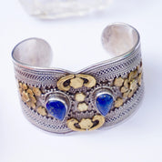 Vintage Silver And Brass Cuff With Lapis Lazuli Stones, Embellished Sterling Silver Bangle Cuff With Gemstone Accents, Indian Silver Cuff