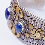 Vintage Silver And Brass Cuff With Lapis Lazuli Stones, Embellished Sterling Silver Bangle Cuff With Gemstone Accents, Indian Silver Cuff